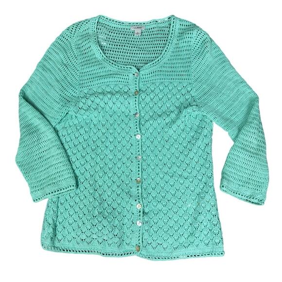 LL Bean Linen Cotton Open Knit Cardigan Sweater Small Mint Green Button Front - Picture 1 of 6